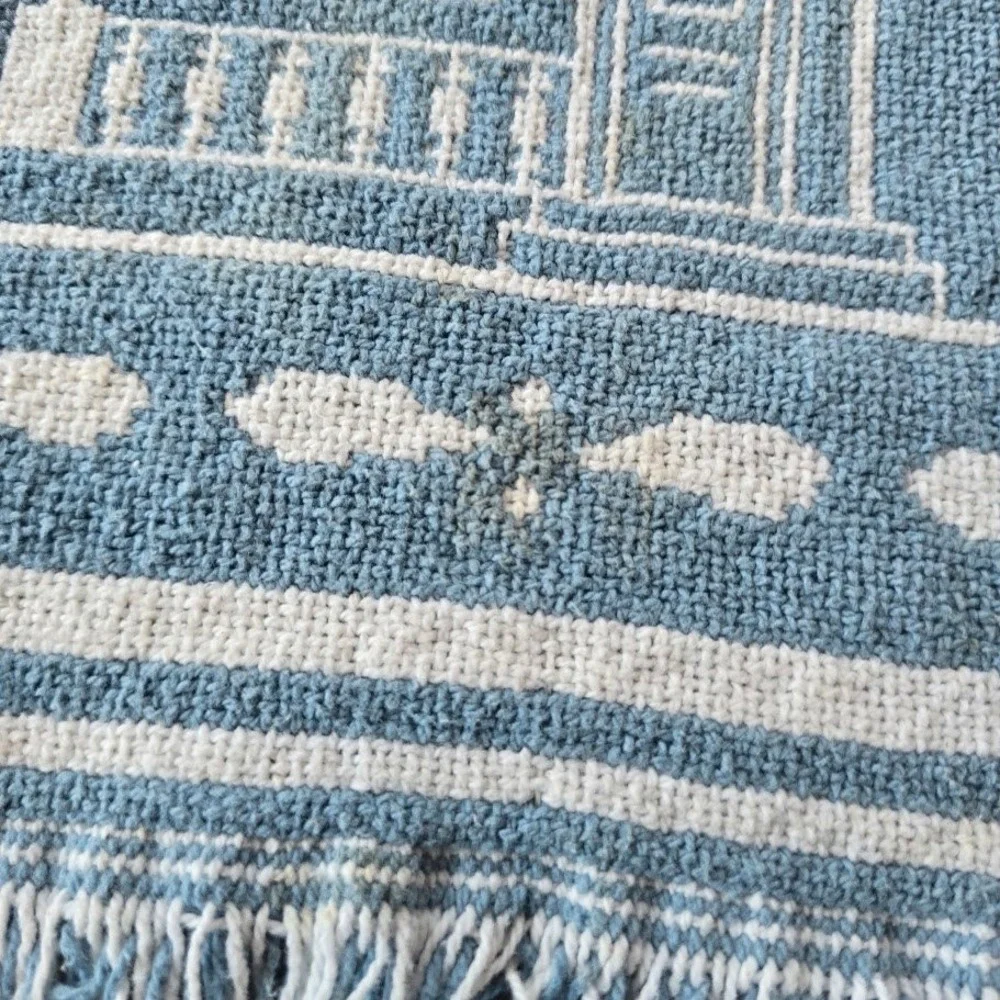 Vtg 80s/90s Blue Victorian House Woven Throw Blanket Hearts Country Cottagecore‎